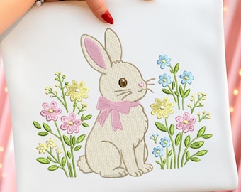 Cute Easter Bunny With Flowers, Spring Rabbit Embroidery Design, Instant Download Dst Pe