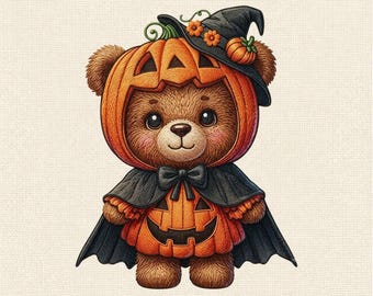 Diseño de bordado a máquina de osito de peluche con calabaza adorable, archivo de bordado de oso de Halloween, disfraz de calabaza de Halloween