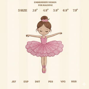 Può includere: Un disegno di ricamo per macchina presenta una ballerina in tutù rosa, con le braccia tese. Il disegno include dimensioni da 9.9 cm a 20.1 cm e tipi di file JEF, EXP, DST, PES, VP3 e HUS. La ballerina ha uno chignon e un fiore.