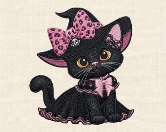 Süßer Pink Hexe Katze Maschinenstickerei, Halloween Kitty Stickdatei, Gothic Kawaii Katze Stickmuster