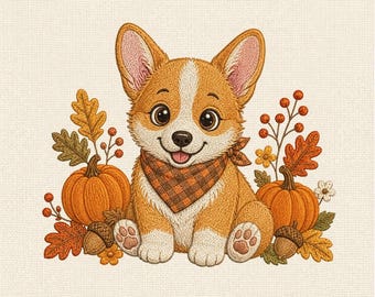 Cute Corgi Machine Embroidery Design, Autumn Dog with Pumpkins, Fall Puppy Embroidery Pattern, Woodland Pet Decor File