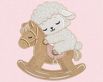 Sleeping Lamb on Rocking Horse Machine Embroidery Design, Baby Sheep Embroidery File, Nursery Design