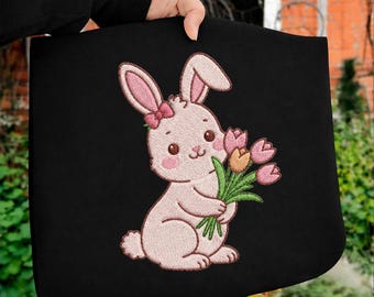 Cute Bunny With Tulips, Spring Easter Rabbit Machine Embroidery Pattern, Bunny Flower Embroidery Design, Instant Download Dst Pe