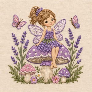 May include: Embroidered image of a fairy with brown hair, wearing a lavender dress, sitting on a purple mushroom. Two butterflies and lavender sprigs surround the fairy. The image has a whimsical, fairytale theme.