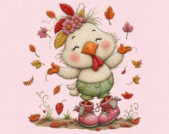 Cute Chicken Embroidery Design, Autumn Hen with Flower Crown Machine Embroidery File, Farm Animal Digital Pattern