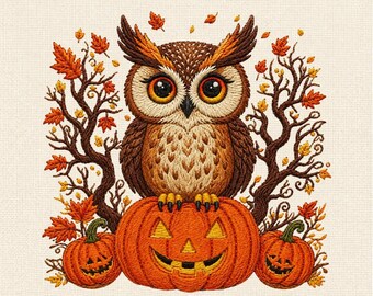 Cute Owl on Pumpkin Machine Embroidery Design, Halloween Owl Embroidery File, Autumn Harvest Bird Pattern