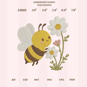 May include: An embroidery design for a machine features a cartoon bee with a smiling face, holding a daisy. The design includes the text "EMBROIDERY DESIGN FOR MACHINE" and size options from 3.9" to 7.9".