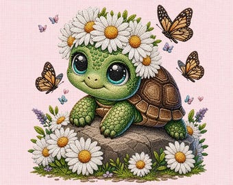Süßer Schildkröte Stickdatei, Daisy Crown Schildkröte Maschinenstickdatei, Florales Tier Design