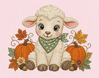 Cute Lamb Machine Embroidery Design, Autumn Sheep with Pumpkins, Cozy Farm Animal Embroidery Pattern, Fall Decor File
