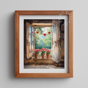 May include: A framed print of a window scene. The window is open, revealing a lush green garden. Red heart decorations hang from the top. Three terracotta pots with red flowers sit on the windowsill. White lace curtains frame the window.