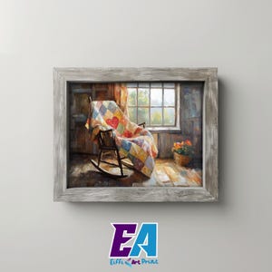 Rustic Patchwork Heart Quilt on Vintage Rocking Chair - Cozy Cottagecore Art Print, Farmhouse Decor, Warm Interior Wall Art Printable 17