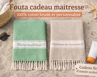 Fouta personnalisée cadeau maîtresse | Cadeau ATSEM | Merci maîtresse | Cadeau fin d’année scolaire | fouta brodé