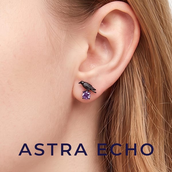 Sterling Silver Raven Earrings | Black Gold Plated Crow Studs | 3A Purple Zircon Jewelry | Gothic Dark Academia | Mystical Bird Gift