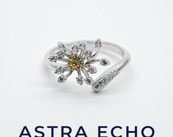 Dandelion Silver Ring Adjustable Open Band, Unique Pave Zircon Jewelry For Women, Make A Wish Freedom Nature Inspired Floral Art