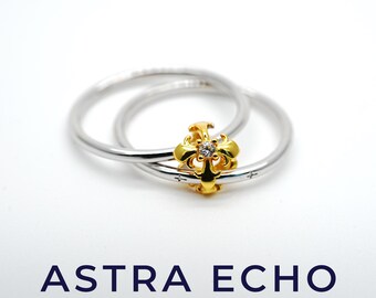 Sterling Silver Fleur de Lis Ring | Two Tone Double Band | 14K Gold Botanical Jewelry | Dainty Vintage Style