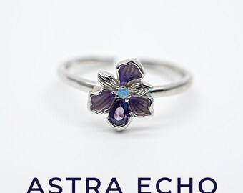 Sterling Silver Purple Iris Ring | Dainty Enamel Flower Band | Adjustable Botanical Jewelry | Purple Zircon Ring