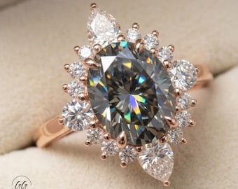 Oval Cut Gray Moissanite Promise Ring | Halo Engagement Ring | 14k Yellow Gold Wedding Band | Cluster Ring | Anniversary Gift for Women