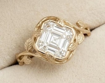 Vintage Asscher Cut Moissanite Ring |Leaf Nature Inspired Engagement Ring | 14K Gold Vine Wedding Band | Unique Anniversary Ring for Women