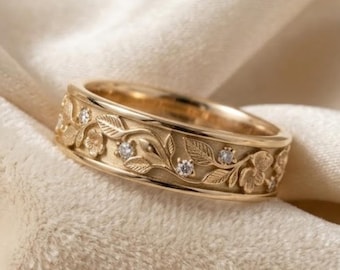 Vintage Floral Handmade Band | 14K Gold Botanical Wedding Ring | Leaf and Vine Nature Inspired Ring |Filigree Engraved Art Deco Promise Band