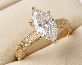 Moissanit Verlobungsring im Marquise Schliff | 14k Solid Gold Ehering | Vintage Ring mit Gravur | Filigranes Art Deco Geschenk für Sie