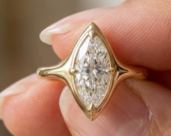 2CT Marquise Cut Moissanite Engagement Ring | Bezel Set Wedding Ring | 14k Yellow Gold Solitaire Ring | Vintage Anniversary Gift for Women