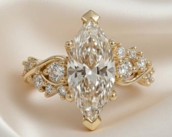 Moissanit Verlobungsring im Marquise Schliff | Vintage Floral Halo Ring | Einzigartige Brautring | Antiker Stil Ehering | Versprechen Ring für Sie