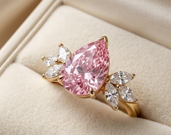 3ct rosa Birne CZ Verlobungsring | Vintage Gold Ehering | Einzigartige gravierte Kunst Versprechen Ring | Zarte Jahrestag Geschenk für sie