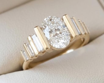 2ct Ovalschliff Moissanit Verlobungsring | Baguette Seite Stein Ring | Gold Versprechen Ring | Art Deco Ehering | Geschenk zum Jahrestag