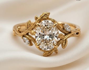 2CT Oval Cut Moissanite Ring | 14K Gold Engagement Ring |Nature Inspired Branch Wedding Band | Woodland Bridal Set | Whimsical Promise Ring