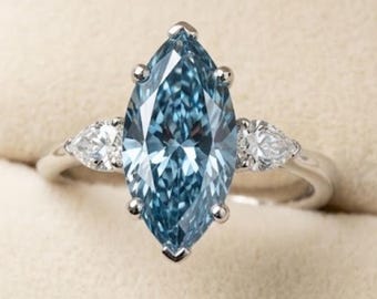 Blue Marquise Lab Diamond Engagement Ring | Three Stone White Gold Wedding Band | Unique Solitaire Promise Ring | Anniversary Gift for Her