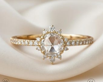 Runder Rosenschliff Moissanit Verlobungsring | Heiligenschein Moissanit Ring | Vintage Inspirierter Brautring | Versprechen Ring für Sie | Besonders Schmuck von Designvonmerrill