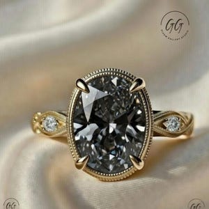 3CT Oval Gray Moissanite Engagement Ring| 14K Gold Vintage Art Deco Promise Ring| Milgrain Wedding Ring| Antique Oval Bridal Ring for Women