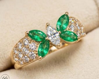 Anillo de compromiso de esmeralda verde talla marquesa / Anillo de promesa de oro amarillo de 14 quilates con diseño de hojas inspirado en la naturaleza / Anillo de aniversario floral único para mujer