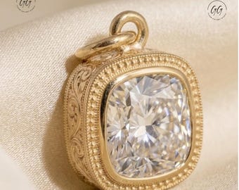2ct Kissenschliff Moissanit Hochzeit Anhänger | Vintage filigrane Art Deco Versprechen Anhänger | Lünette Set 14k Gelbgold Jubiläum Geschenk für Frauen