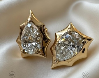 Birne Moissanite Ohrstecker | Gold Statement Ohrstecker | Moderne Lünette Stil Braut Ohrringe | Einzigartiges Geschenk für Sie
