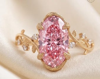3ct Rosa Oval CZ Verlobungsring | Vintage Gold Ehering | Blatt Natur inspiriert Versprechen Ring | Zarte Jahrestag Geschenk für sie