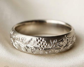 Botanical Wedding Band | Floral Engraved Promise Ring |Nature Inspired Wedding Band | Vintage Leaf Ring |Handmade Anniversary Band for Her