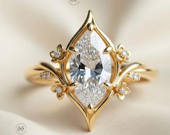 2 CT Marquise Moissanit Blumen Verlobungsring | Gold Vintage Blatt Blumen Ehering | Von der Natur inspirierter Brautring für die Verlobte