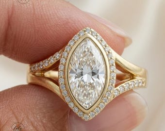 2CT Vintage Marquise Cut Moissanite Engagement Ring | Gold Bezel Halo Wedding Ring |Antique Style Split Shank Ring |Anniversary Gift for Her