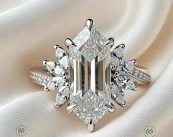Hexagon Cut Moissanite Engagement Ring | White Gold Halo Marquise Side Stone Wedding Ring | Vintage Inspired Bridal Promise Ring for mom
