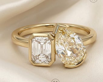 Toi Et Moi Moissanite Ehering | Verlobungsring mit Smaragd und Birnenschliff | You & Me Romantische Jahrestag Geschenk für Frau