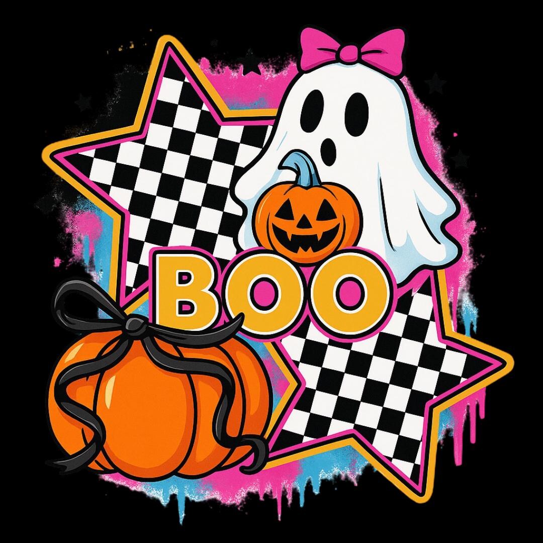 Retro Halloween Ghost PNG | Cute Boo Design, Checkered Star, Pumpkin ...