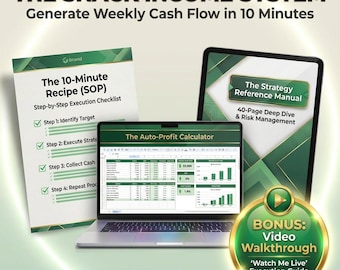 May include: Image of a digital product titled "The Snack Income System." It includes a laptop displaying a calculator, a tablet with a strategy manual, and a checklist. The product promises to generate weekly cash flow in 10 minutes. A bonus video walkthrough is also included.