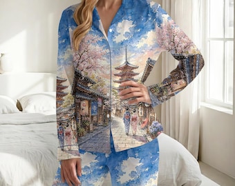 Conjunto de pijama feminino Kyoto, pijama de cetim para viagem ao Japão, estampa de arte em aquarela, roupa de descanso com estética japonesa, presente ideal para o verão, roupa de descanso para viagens