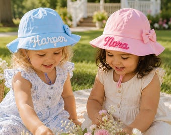 Personalized Baby Beach Hat with Bow, Custom Embroidered Toddler Sun Cap, Cute Adjustable Summer Bucket Hat for Girls, Vacation Baby Gift