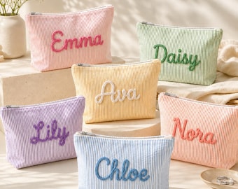 Personalized Makeup Bag, Custom Name Cosmetic Pouch, Soft Corduroy Zipper Organizer, Handcrafted Feminine Travel Bag – Custom Name Option