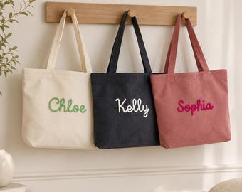 Personalized Tote Bag with Custom Name Embroidery, Handmade Canvas Shoulder Bag, Bridesmaid Gift, Travel Makeup Bag for Women and Girls