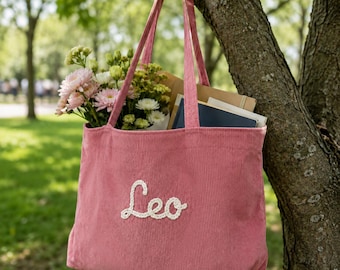 Custom Name Corduroy Tote Bag, Handmade Shoulder Bag for Women, Personalized Canvas Travel Bag, Bridesmaid or Birthday Gift for Her
