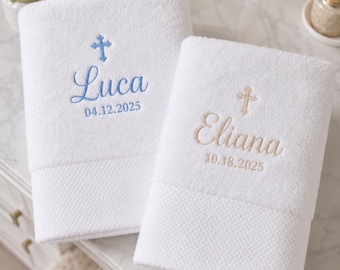 Asciugamano da battesimo personalizzato con croce ricamata, asciugamano da bagno personalizzato con nome, regalo per il battesimo del bambino, ricordo del figlioccio, giorno della dedicazione