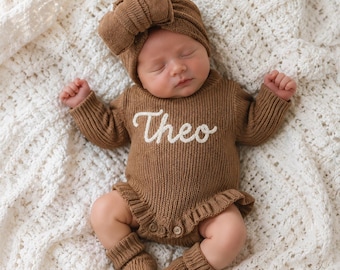 Custom Embroidered Baby Name Romper Set, Organic Cotton Knit Coming Home Outfit Set With Matching Hat & Socks, Personalized Newborn Gift